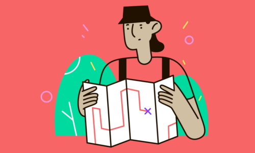 Person mit Hut betrachtet eine Landkarte mit markierter Route