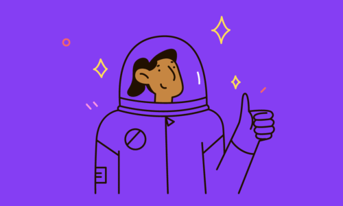 Person in einem Raumanzug mit Daumen hoch, umgeben von funkelnden Sternen