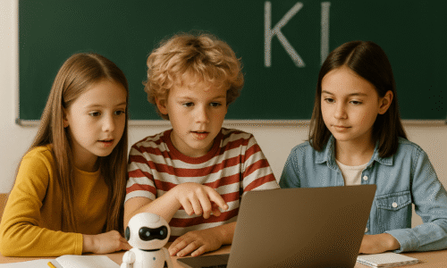 Zwei Mädchen und ein Bub sitzen vor einem Laptop mit einem kleinen weißen Spielzeugroboter auf dem Tisch, im Hintergrund ist das Wort 