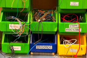 Sortierte Kabel und elektronische Bauteile in einer Werkstatt der Kinderstadt.